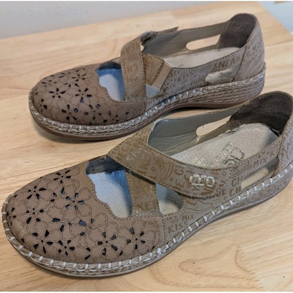 Rieker Women 6 Mary Jane Flats Taupe Floral Laser Cut Antistress Casual Shoes